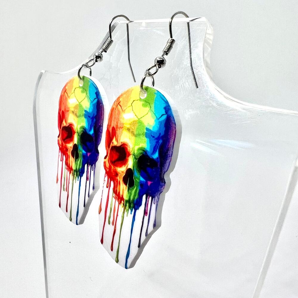 Rainbow Skull Earrings - Halloween Earrings - Goth Accessories - Pride Earrings - Picture 5 of 8